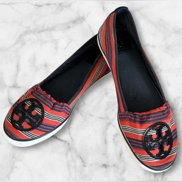Tory Burch Raymond Canvas Flats Black Patent Logo Slip Ons Red White Blue Size 8 - Picture 2 of 13